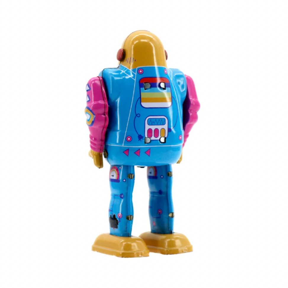 Toy figure with a blue jacket featuring colorful designs on a white background