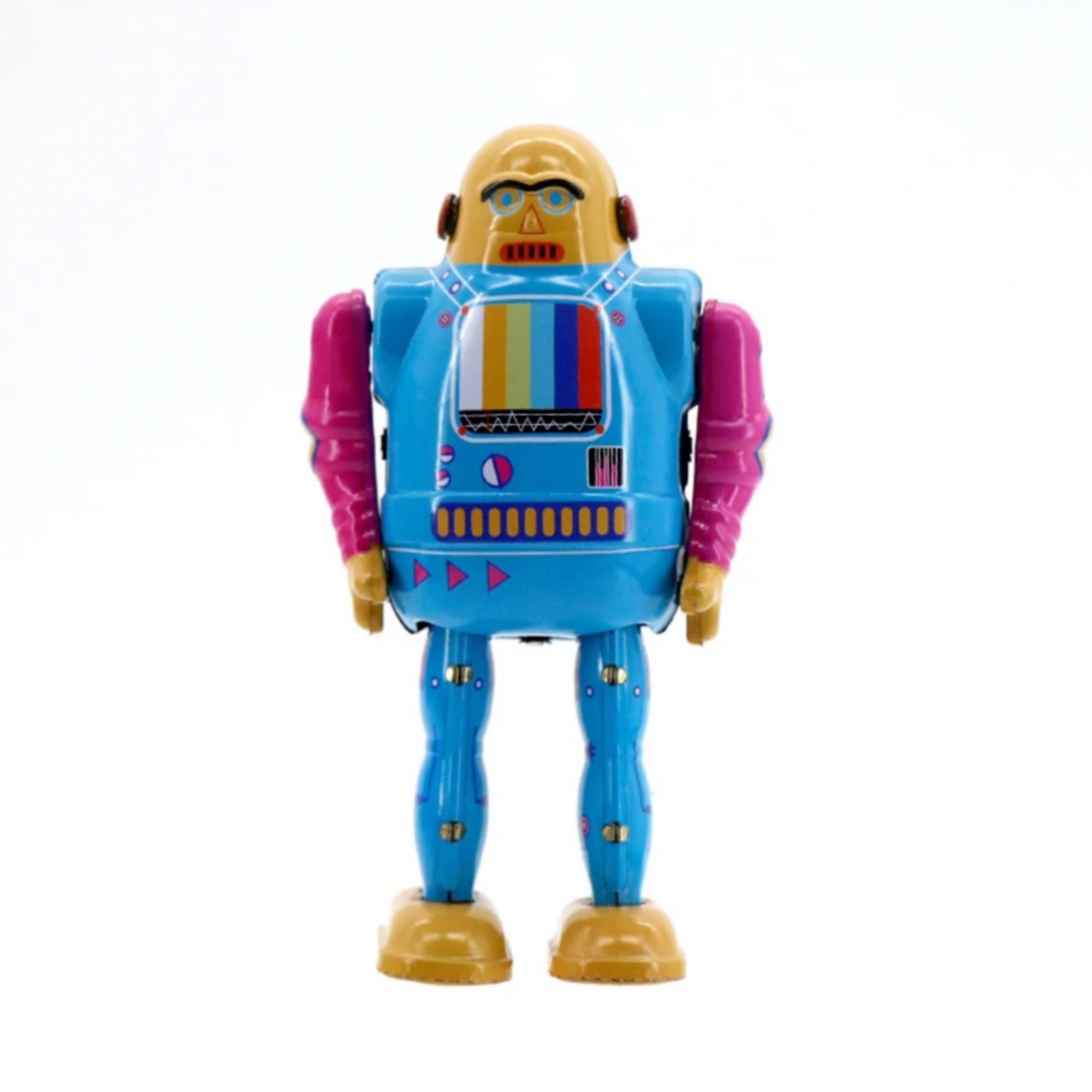 Toy robot with a colorful chest panel on a white background