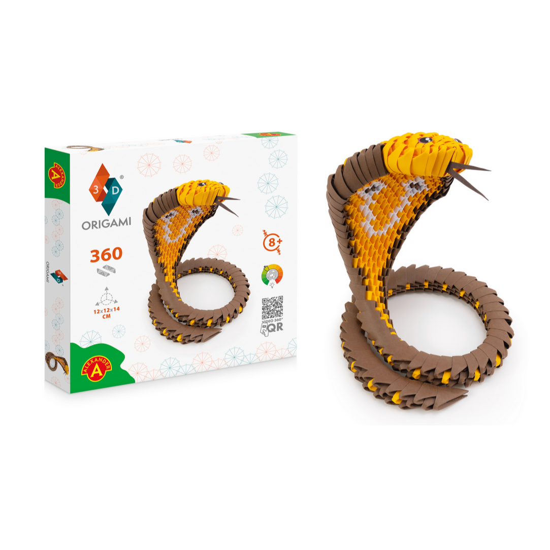 Origami snake model with packaging on a white background