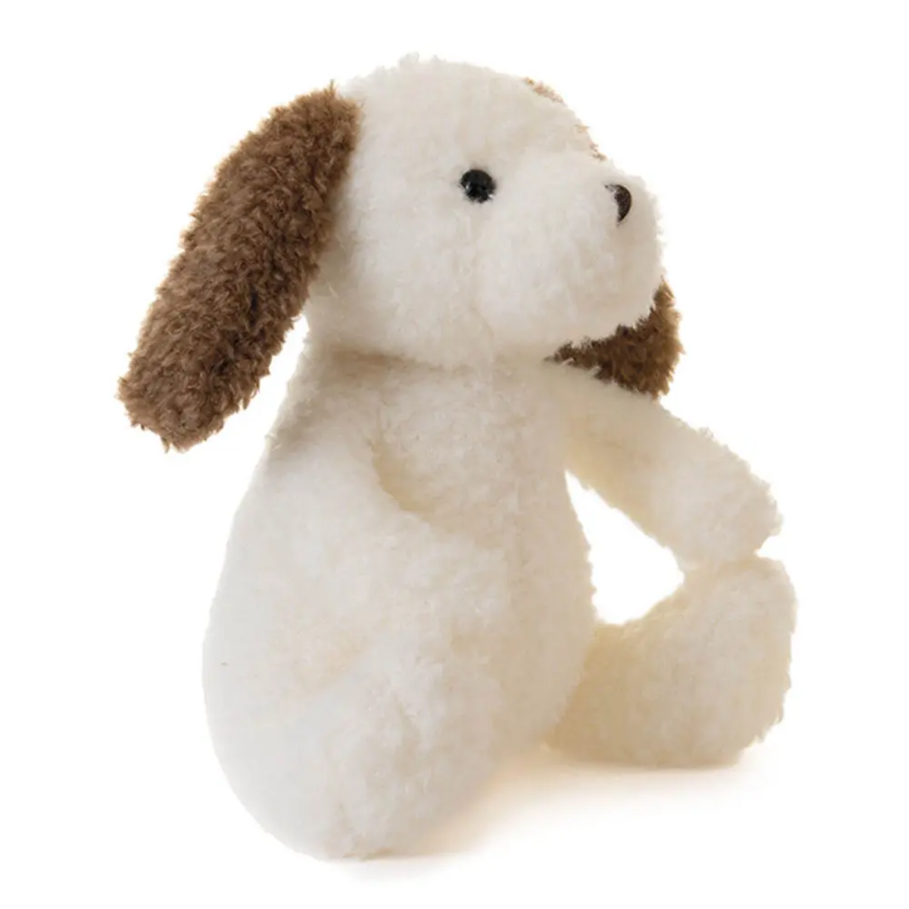 Stuffed dog toy with brown ears on a white background