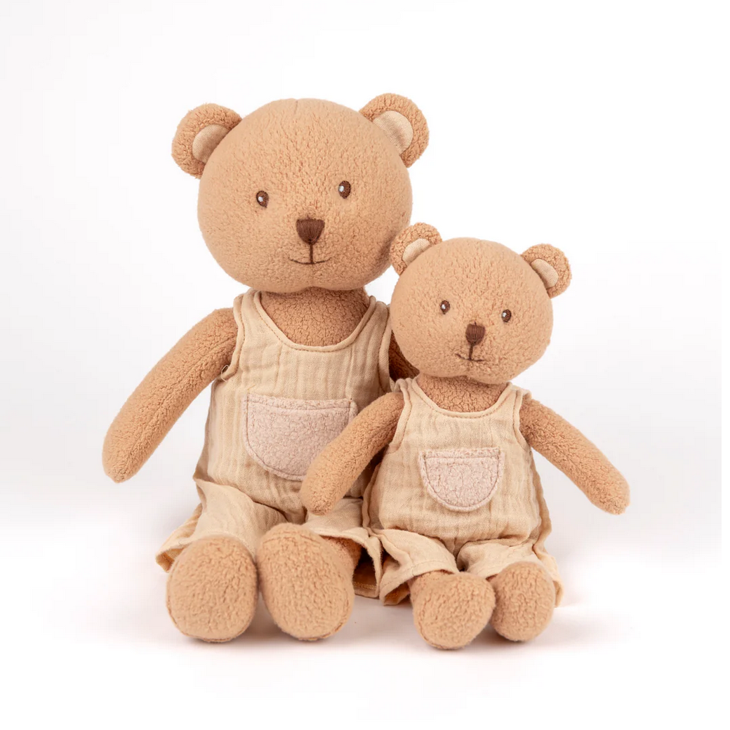 Two teddy bears wearing matching overalls on a white background