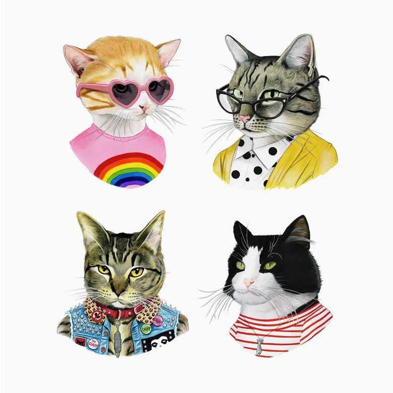 Four stylized cats wearing colorful outfits and accessories on a white background