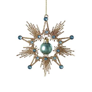 Decorative hanging ornament with gold starburst design and blue ornament on a white background