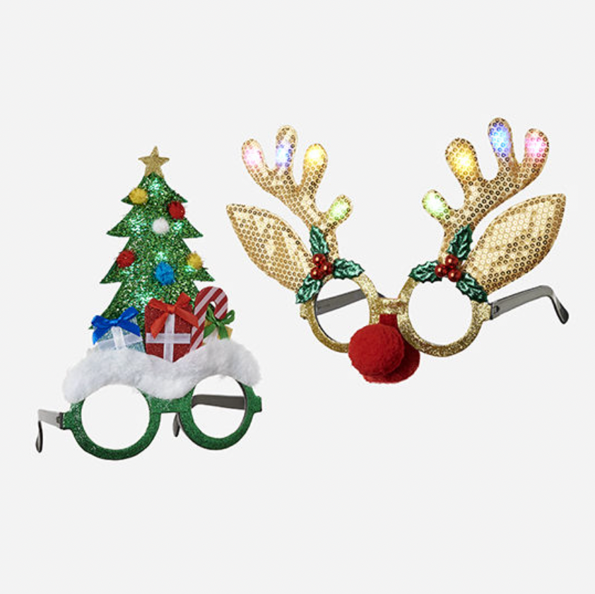 Two festive eyeglasses with Christmas tree and reindeer antler designs on a white background.