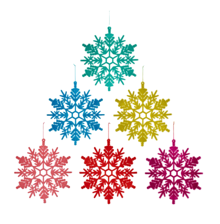 Colorful snowflake-shaped ornaments on a white background