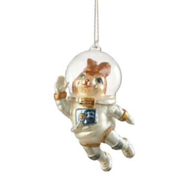 Decorative ornament of a cat in an astronaut suit inside a glass bubble on a white background