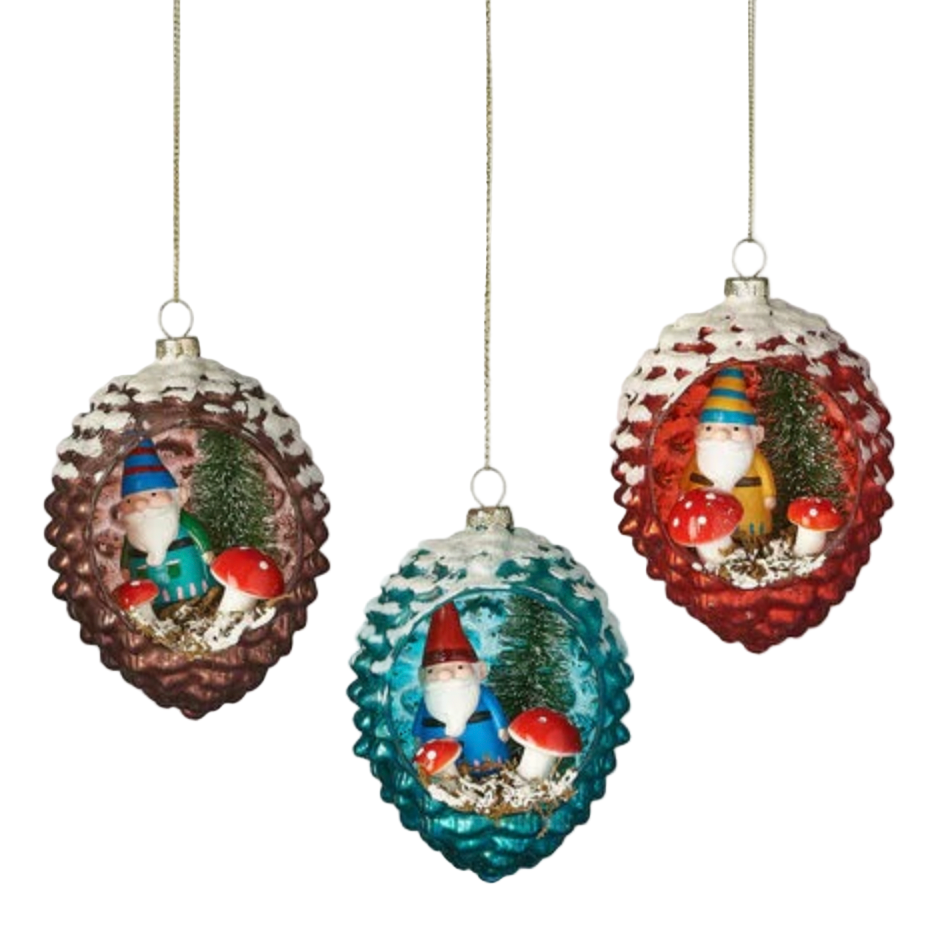 Gnome in Pinecone Glass Ornaments