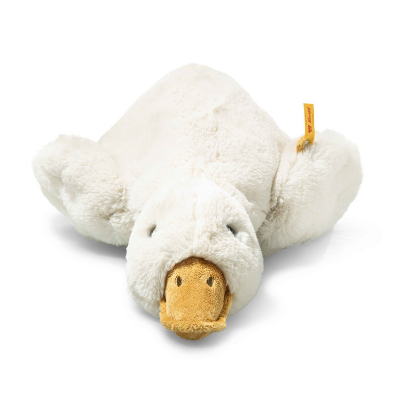 White plush toy resembling a goose with a beak on a white background