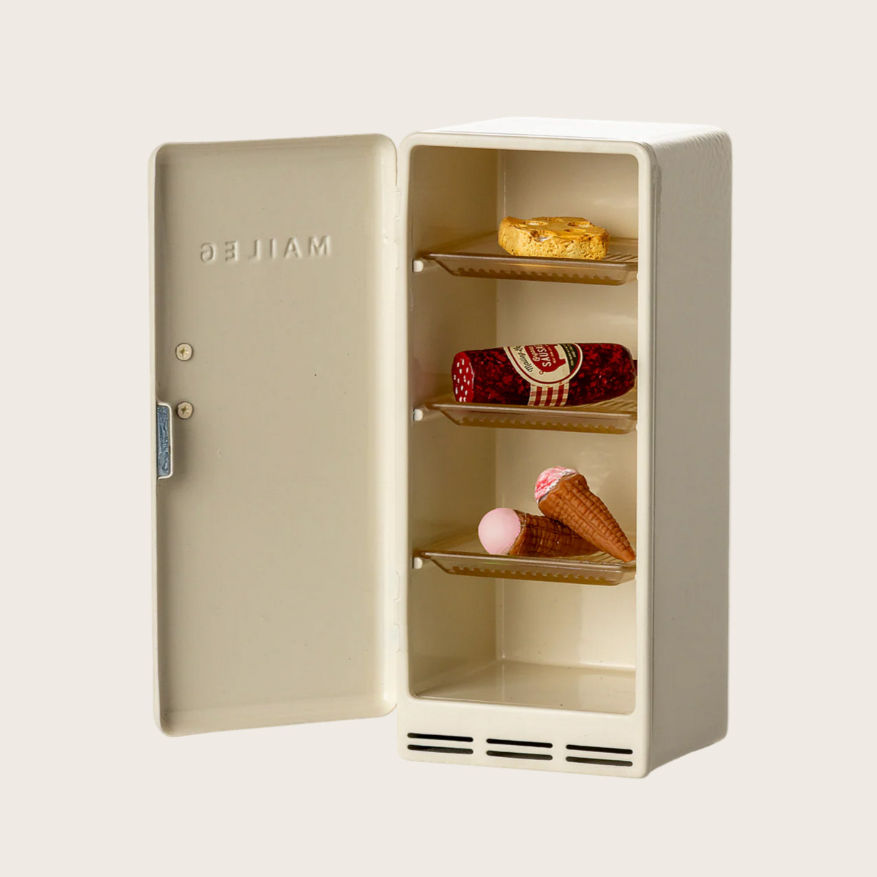 Vintage-style beige refrigerator with ice cream cones and cakes on a white background