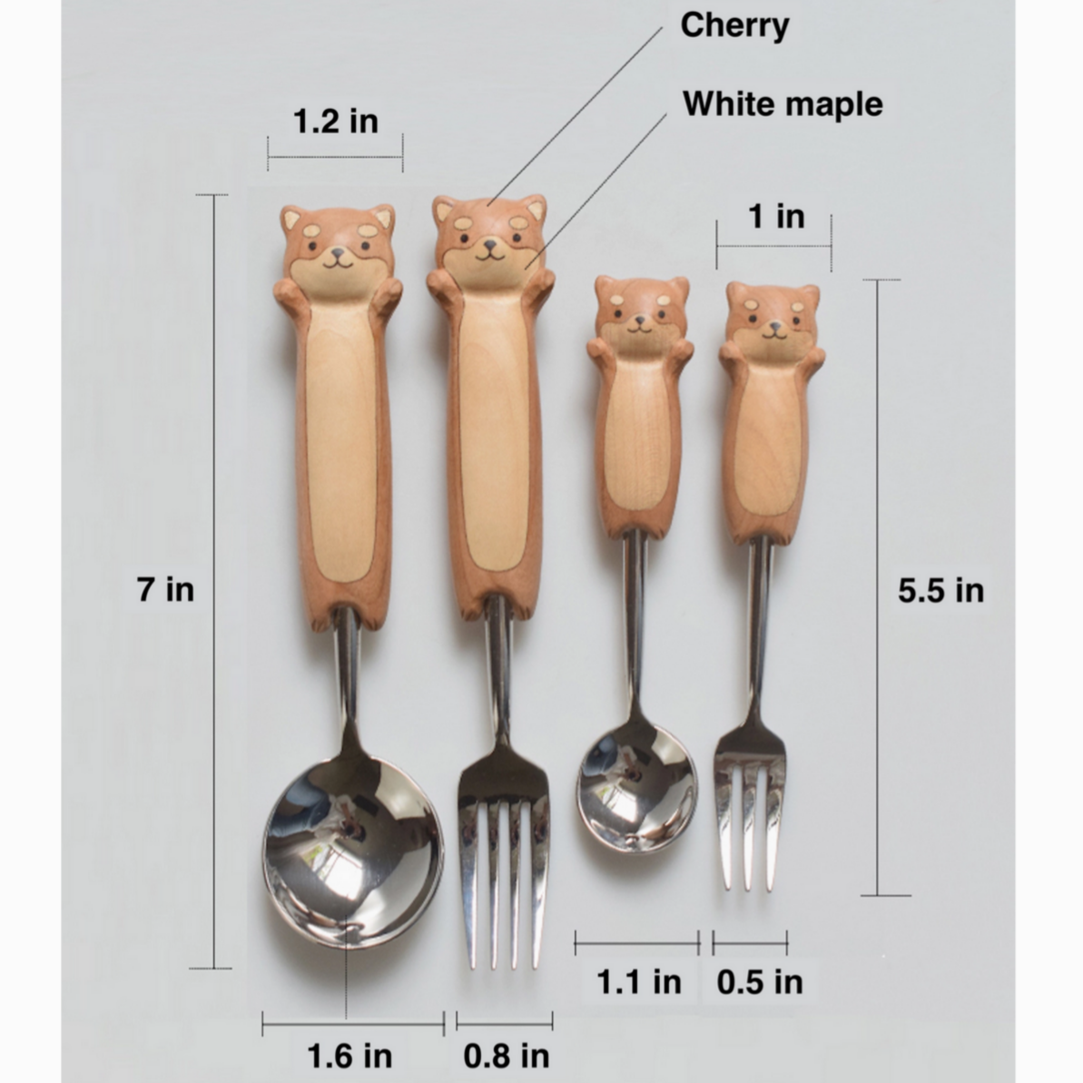 Set of four dog-shaped utensils with measurements on a gray background