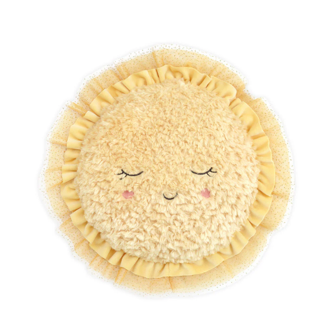 Round plush pillow with a face design on a white background