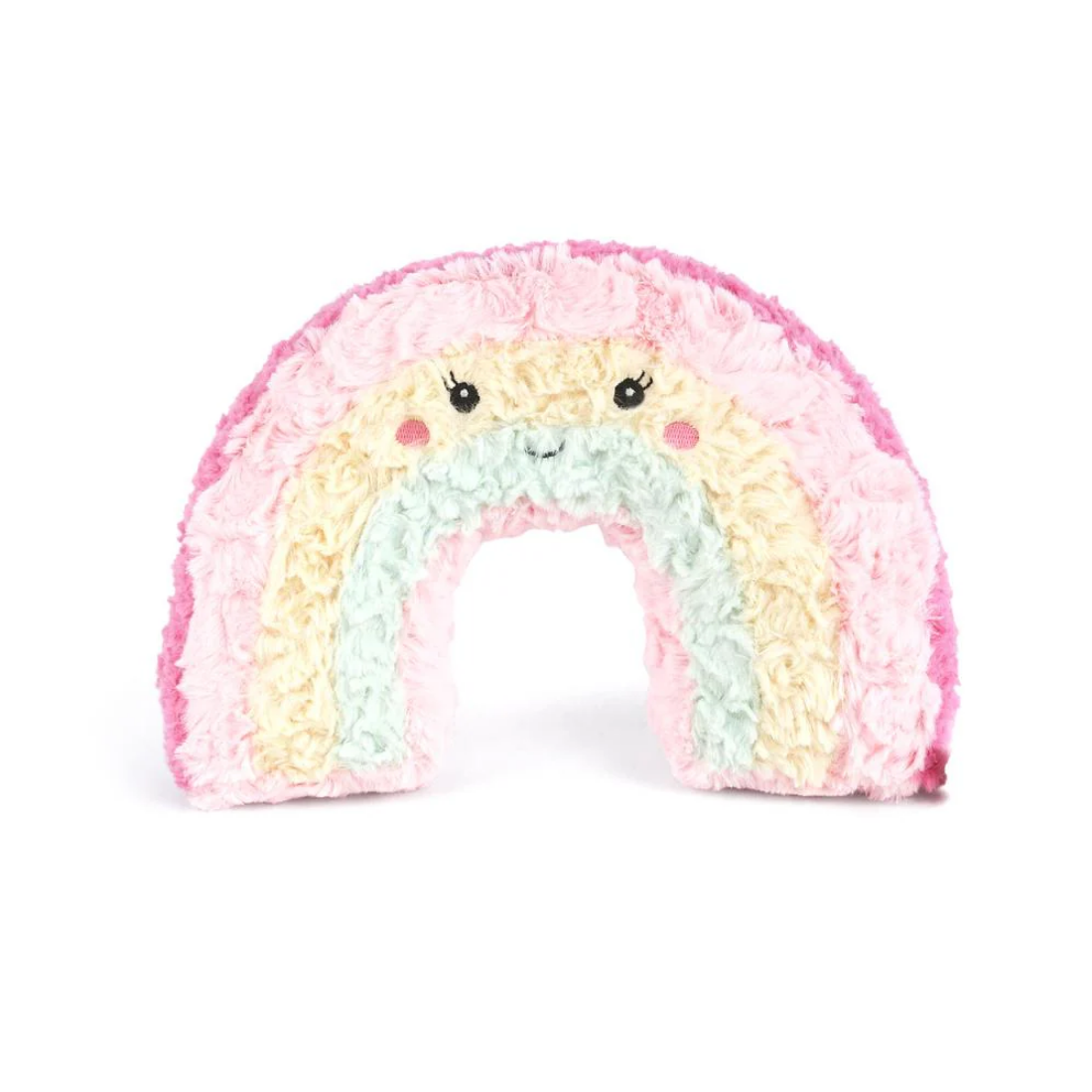 Pastel rainbow-shaped plush toy with a smiley face on a white background