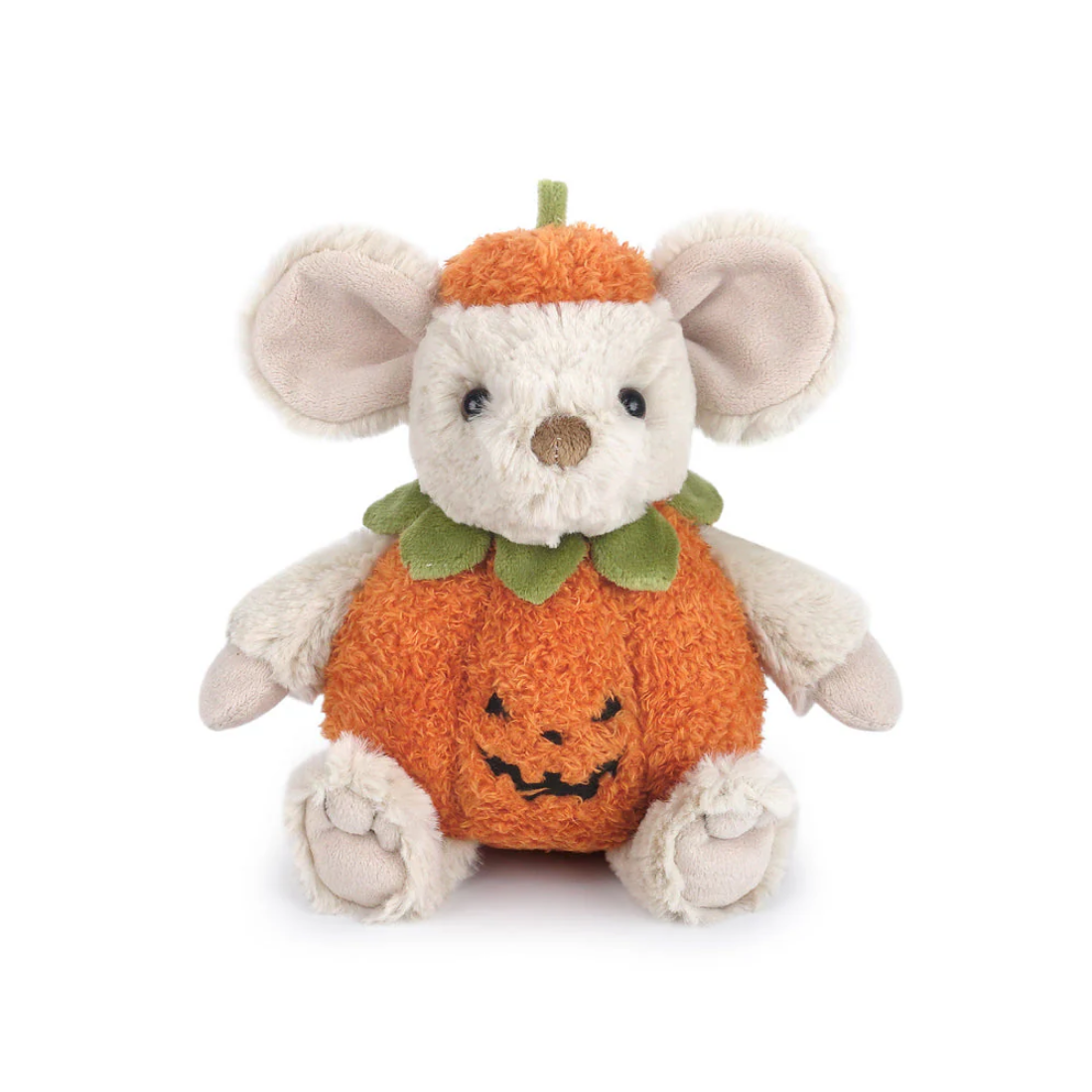 Plush toy mouse in a pumpkin costume on a white background