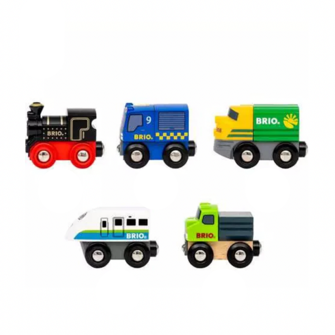 Set of colorful toy trains on a white background