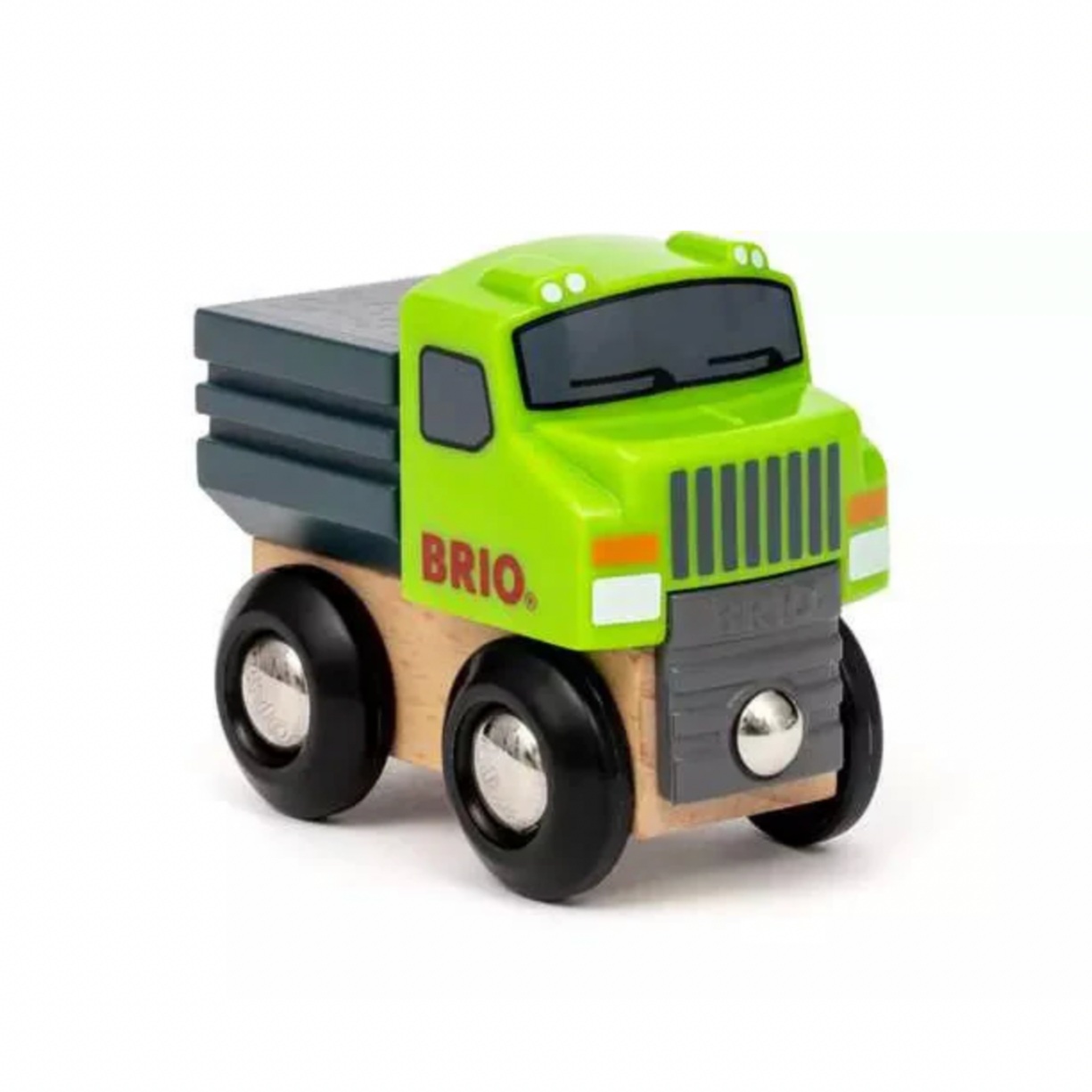 Green toy truck with 'Brio' branding on a white background