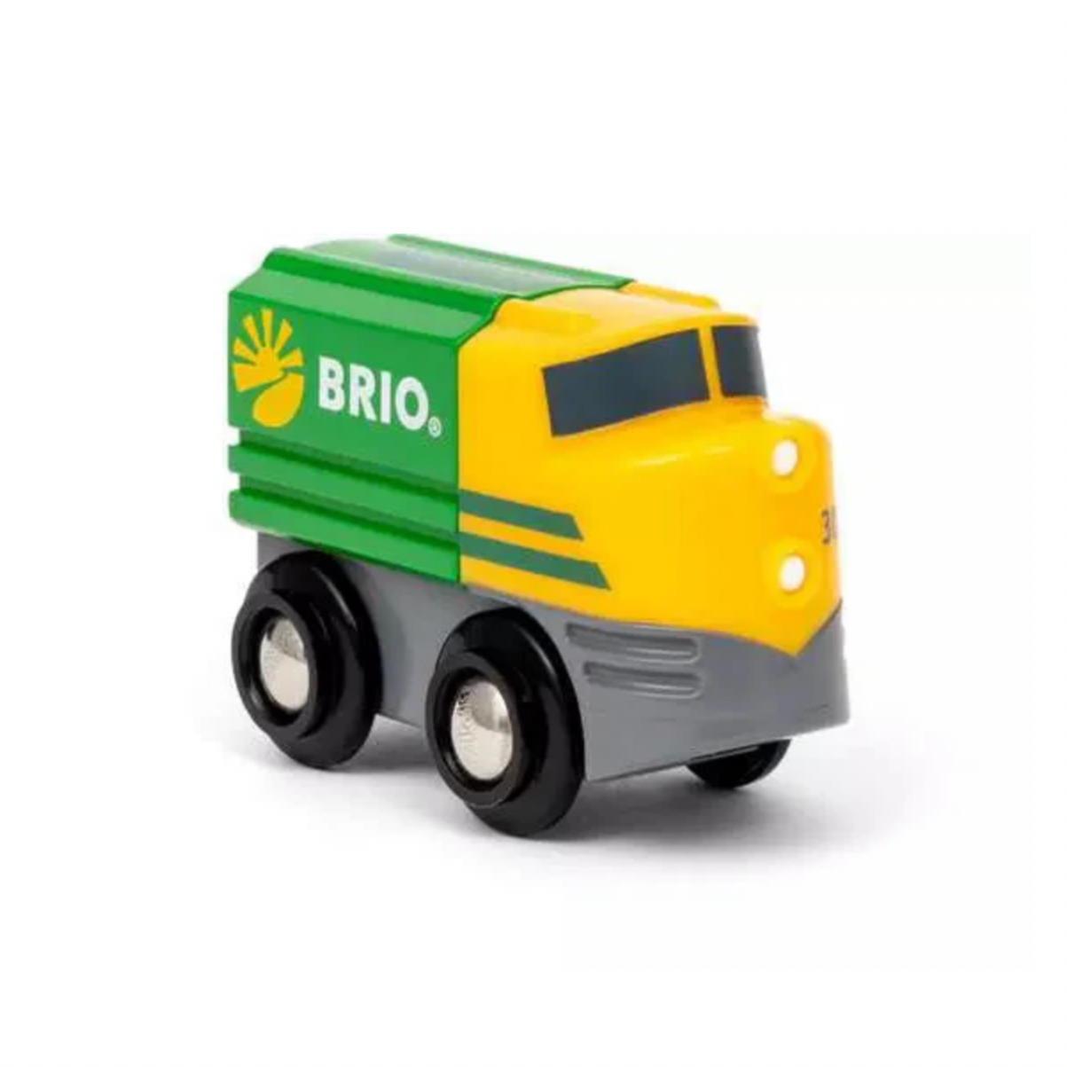 Toy truck with green and yellow colors on a white background