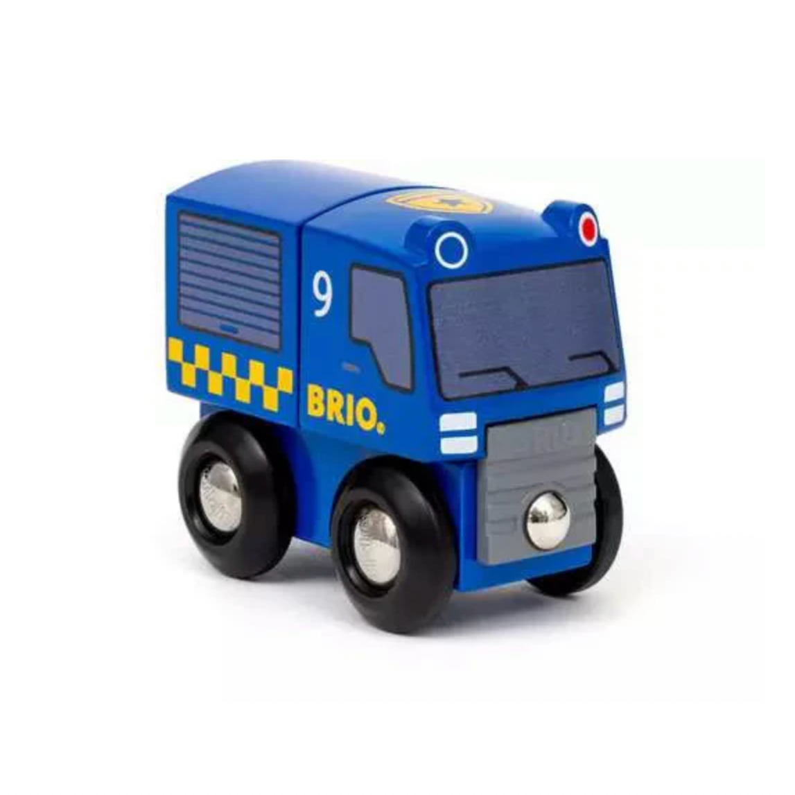 Blue toy truck with 'Brio' branding on a white background