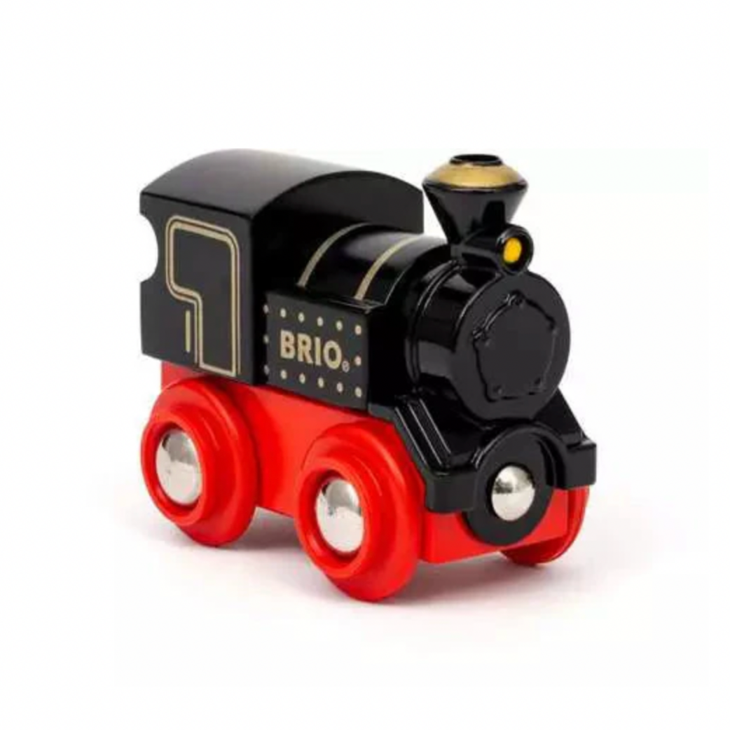 Toy train engine with 'Brio' branding on a white background