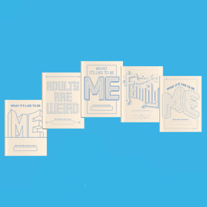 Set of five white booklets with text on a blue background