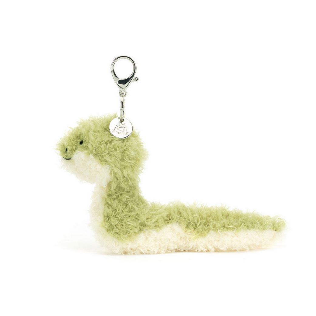 Plush snake-shaped keychain on a white background