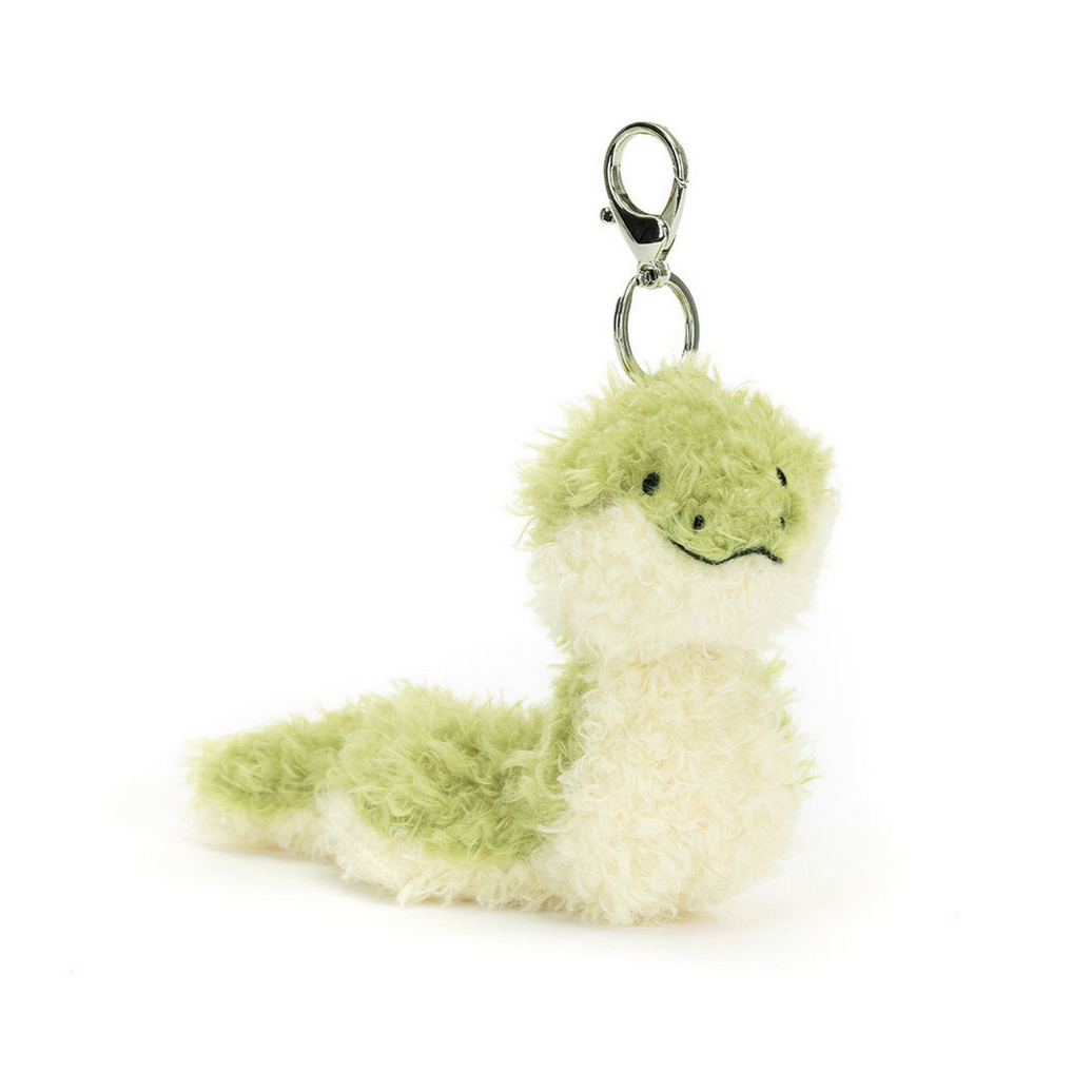 Plush snake-shaped keychain on a white background