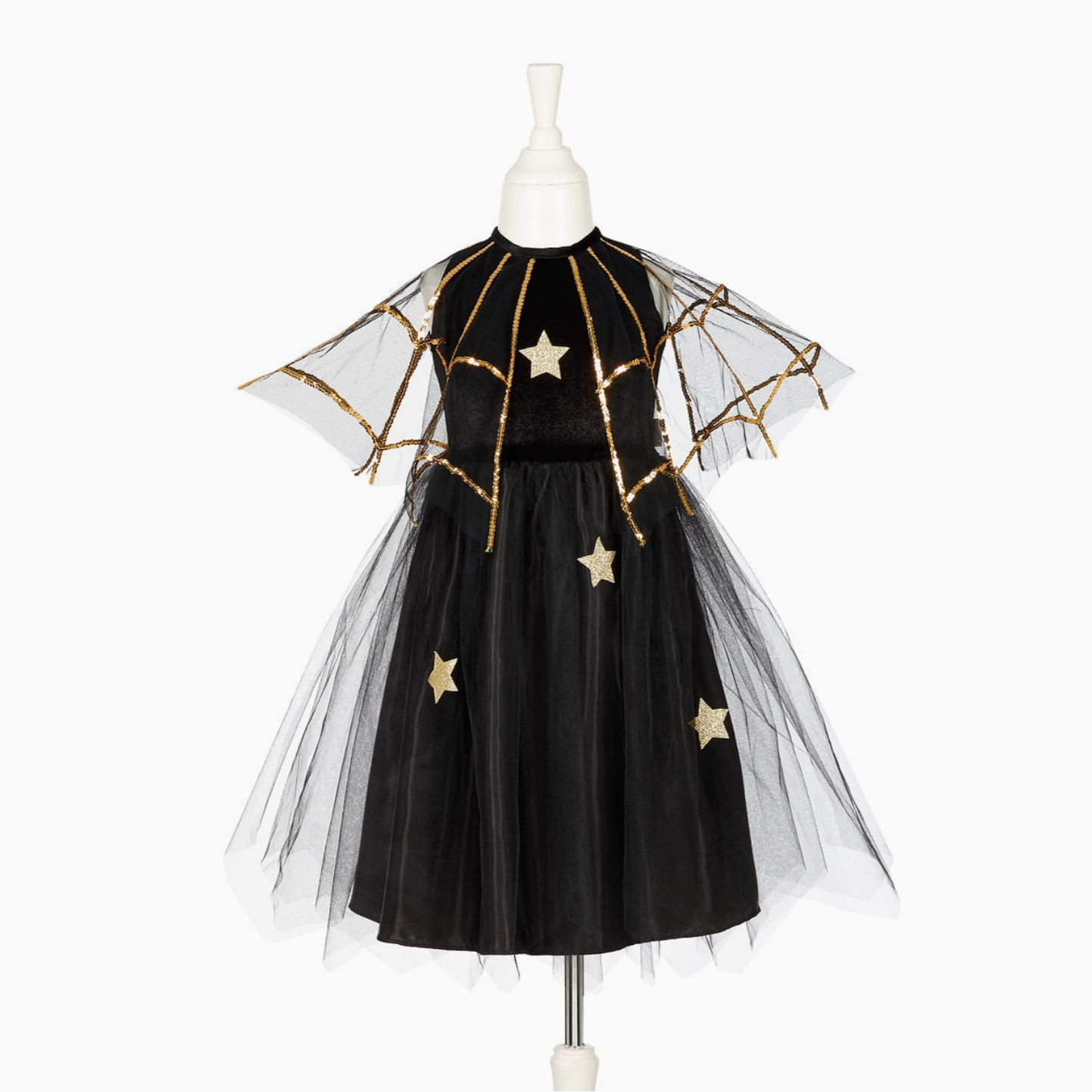 Black dress with gold star accents and tulle skirt on a mannequin against a white background