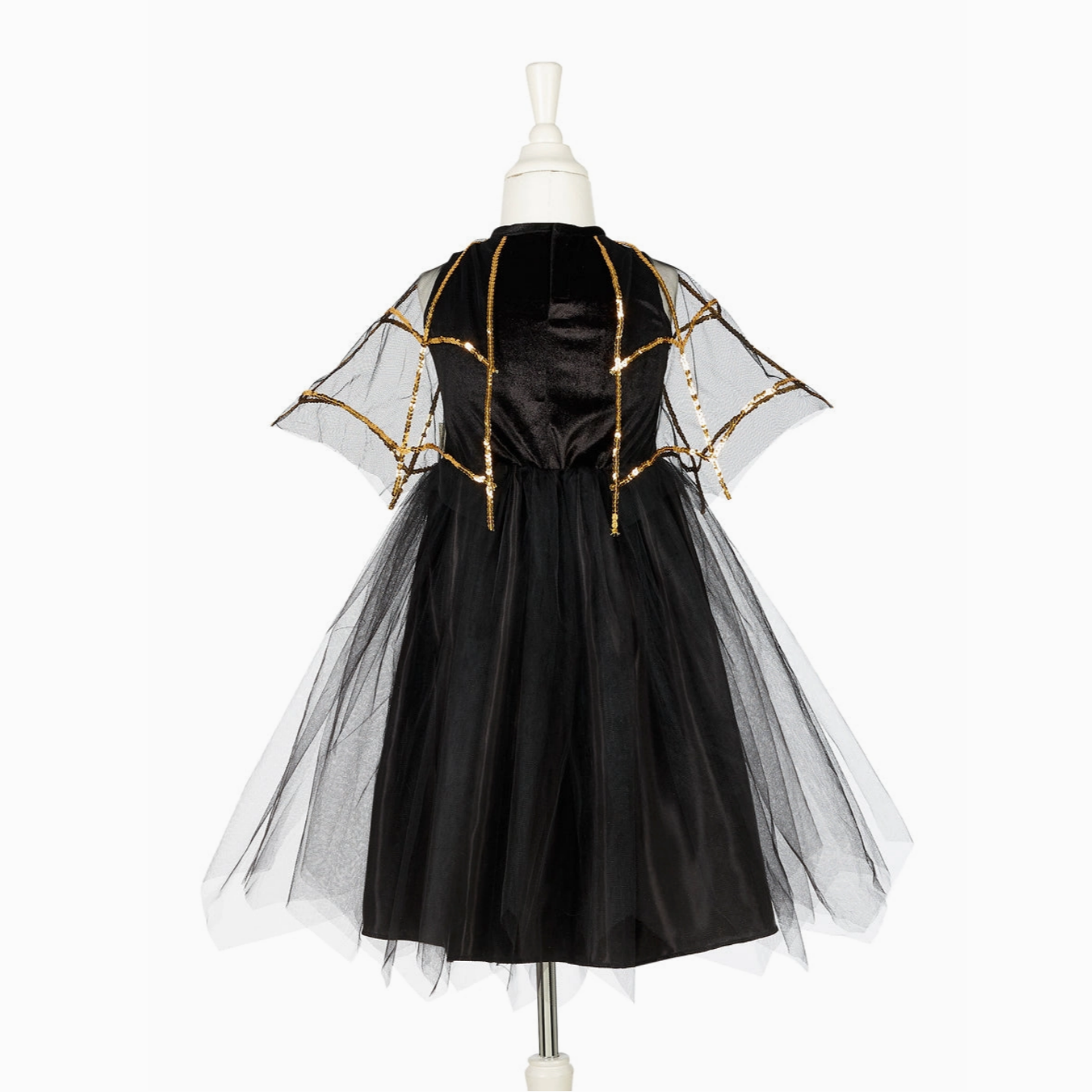 Black dress with gold spider web design on a mannequin against a white background