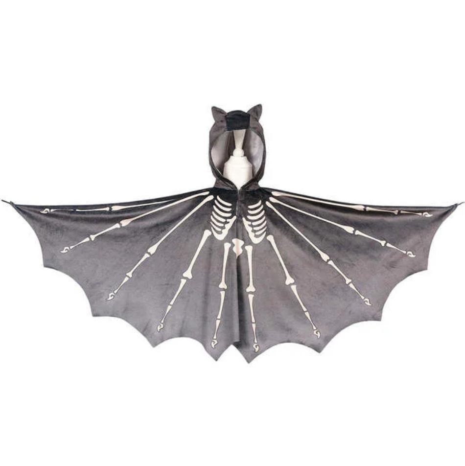 Bat-shaped costume with skeleton design on a white background