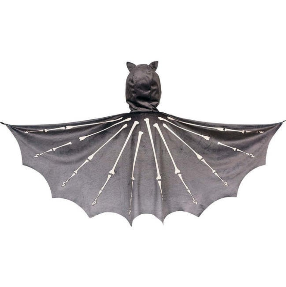 Black bat-shaped cape with pointed ears on a white background