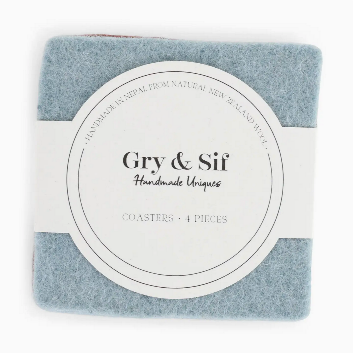 Set of four gray coasters with a Gry & Sif label on a white background