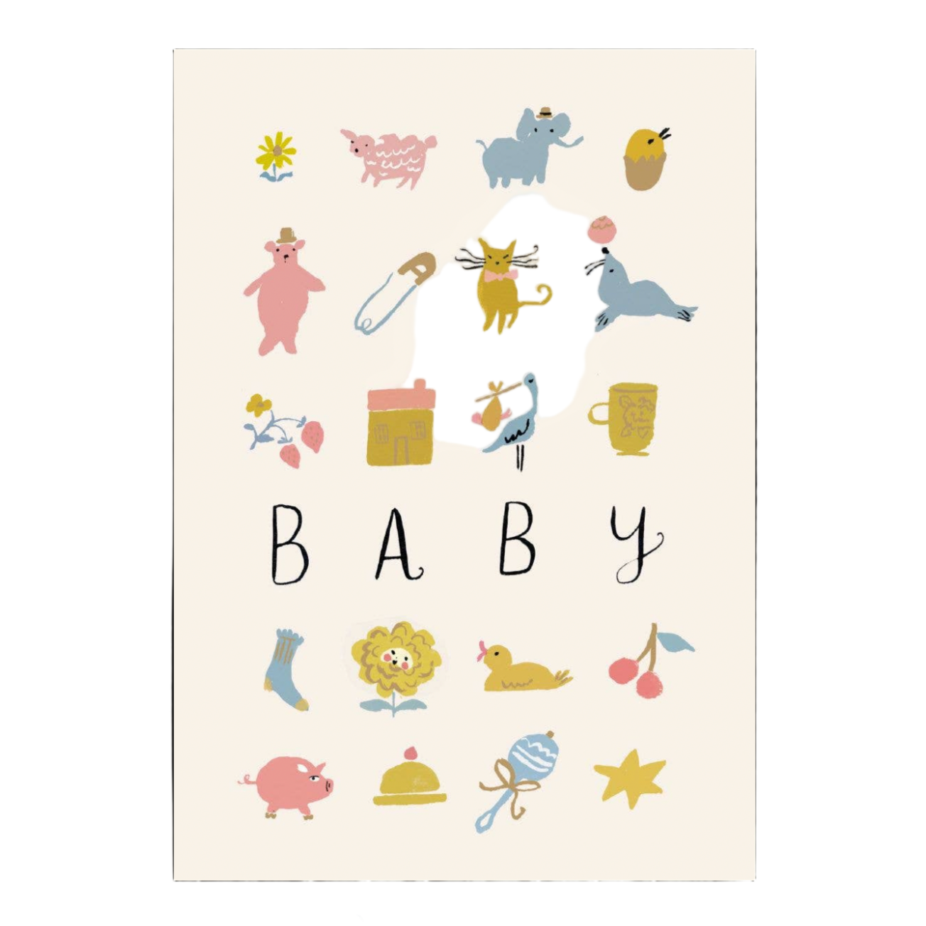 Illustrated card with various baby-themed icons and the word 'BABY' on a white background.