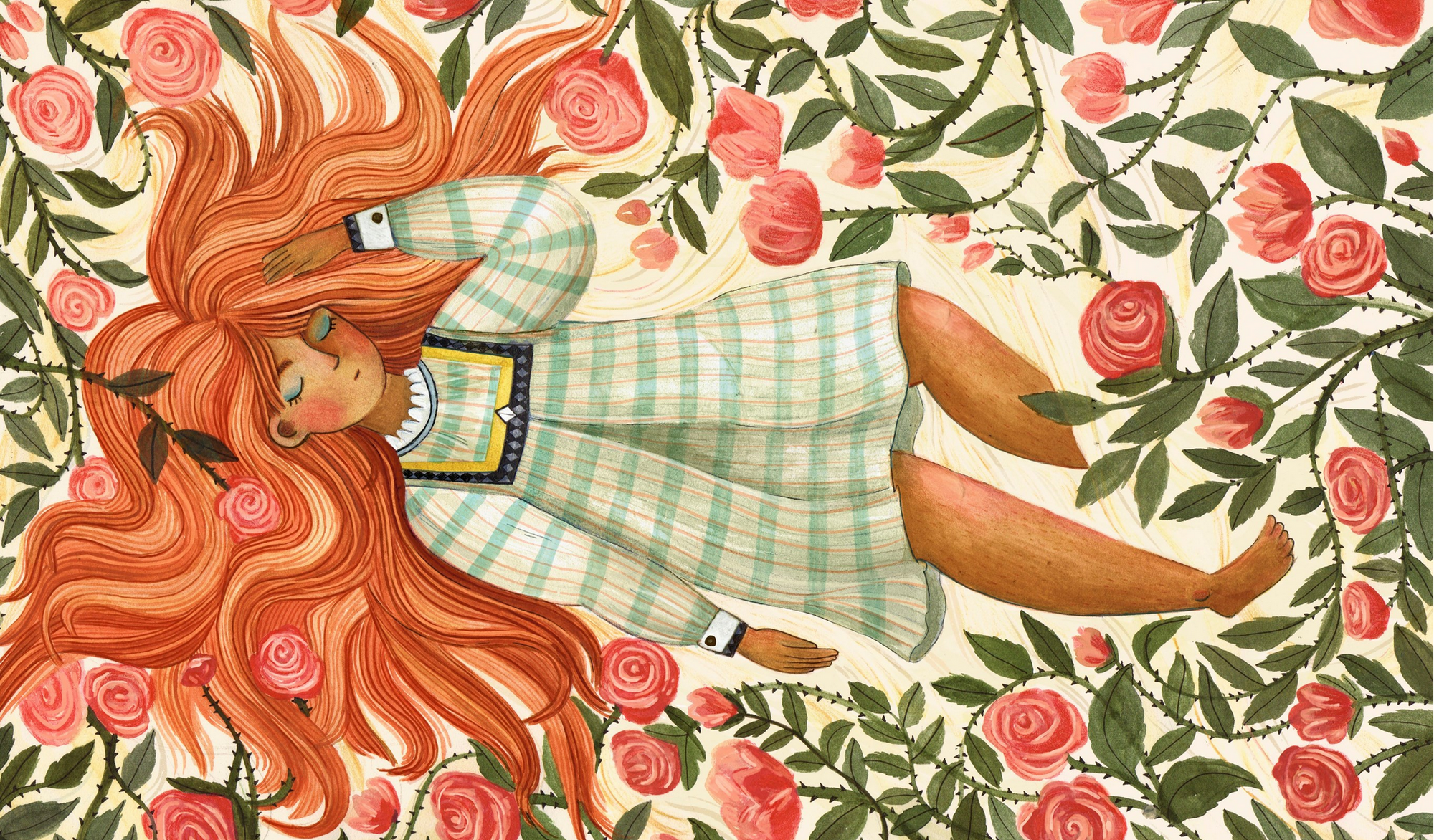 Illustration of a woman with long red hair lying among flowers and leaves.