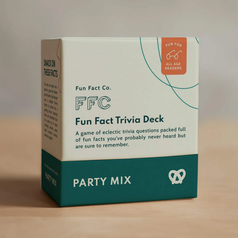 Box of Fun Fact Co. Fun Fact Trivia Deck on a wooden surface with a neutral background