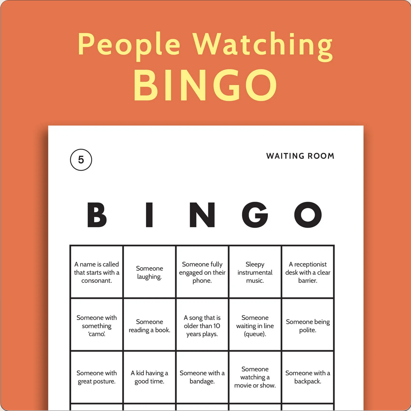 Bingo card titled 'People Watching' on an orange background