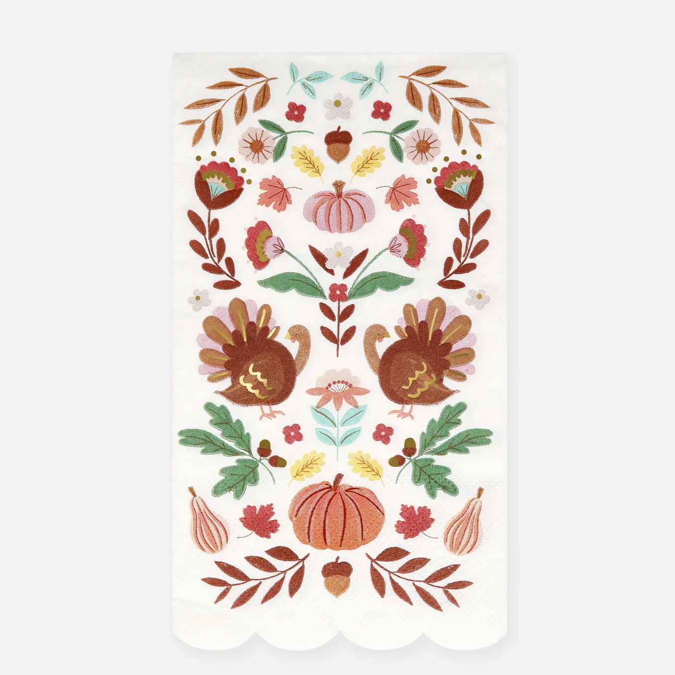 Decorative paper with autumn-themed design featuring turkeys, pumpkins, and leaves on a white background.