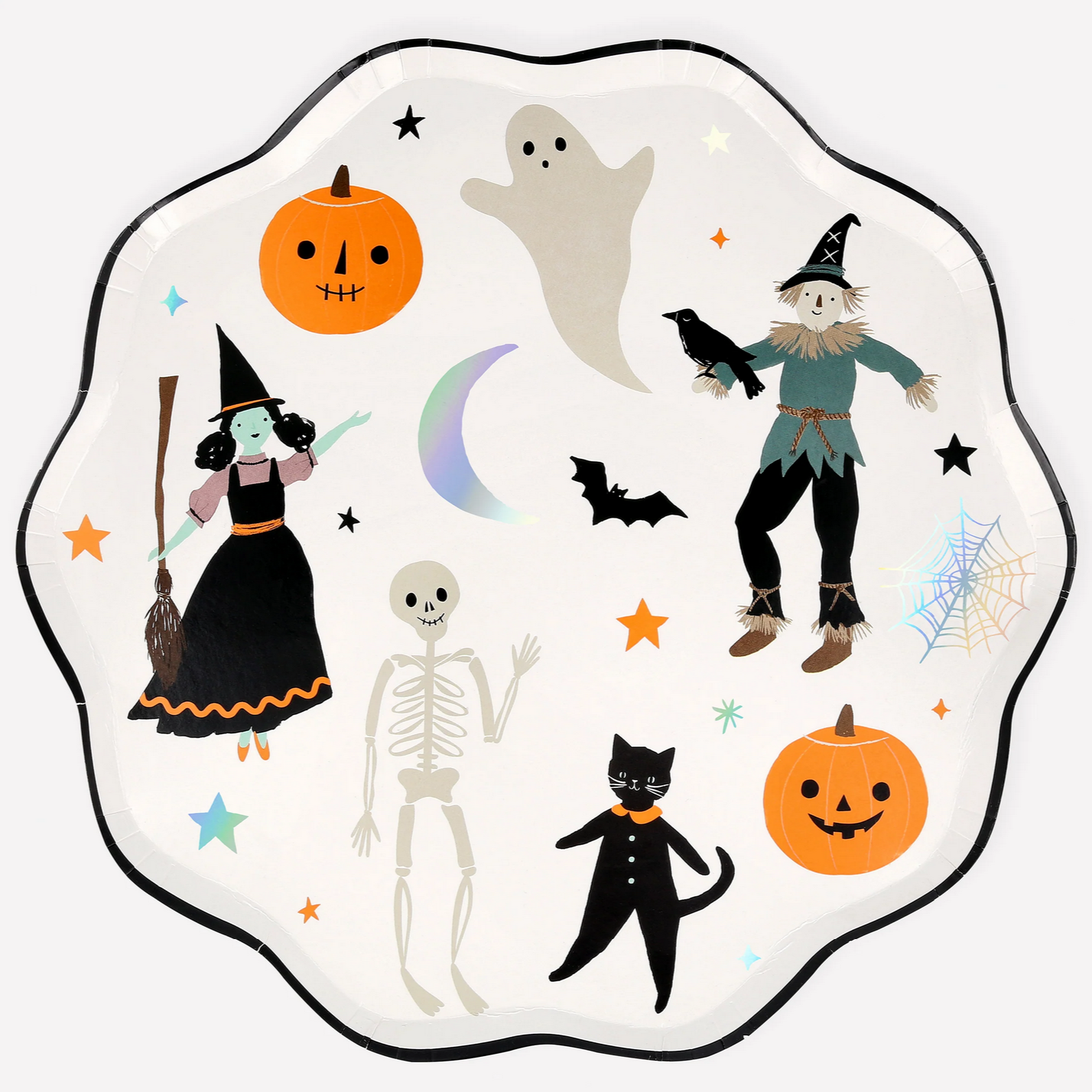 Decorative plate with Halloween-themed illustrations including pumpkins, ghosts, witches, and cats.