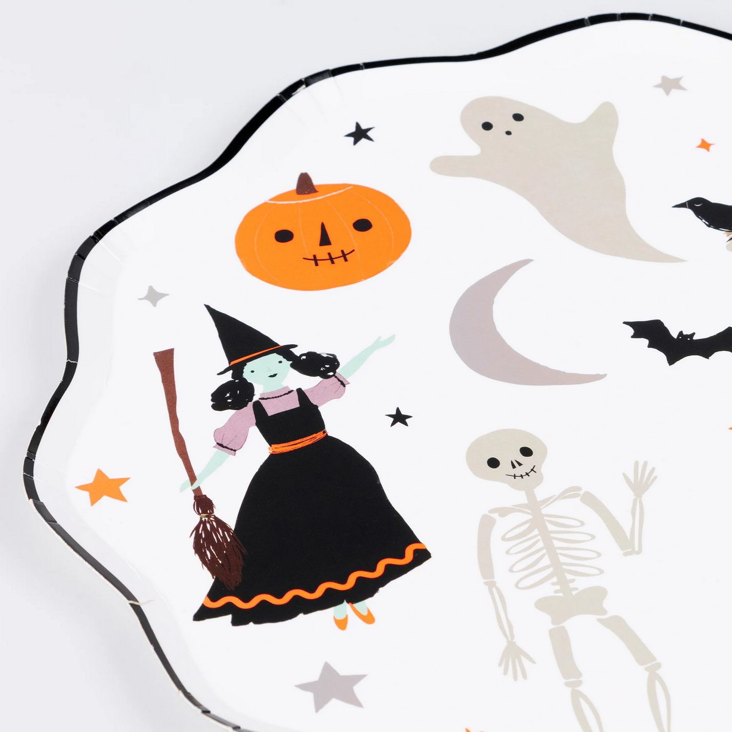 Halloween-themed wall decal with witch, pumpkin, ghost, skeleton, and bats on a white background.