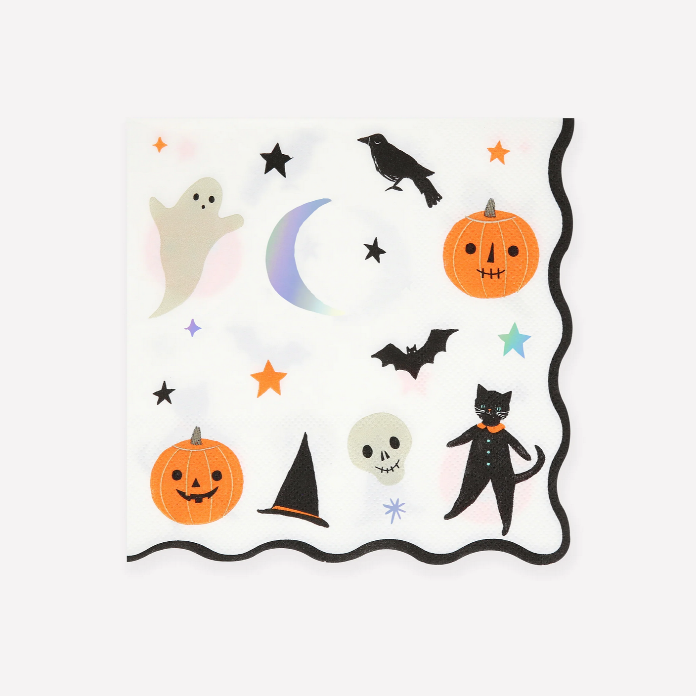 Halloween-themed illustrations including ghosts, pumpkins, a cat, and stars on a white background.
