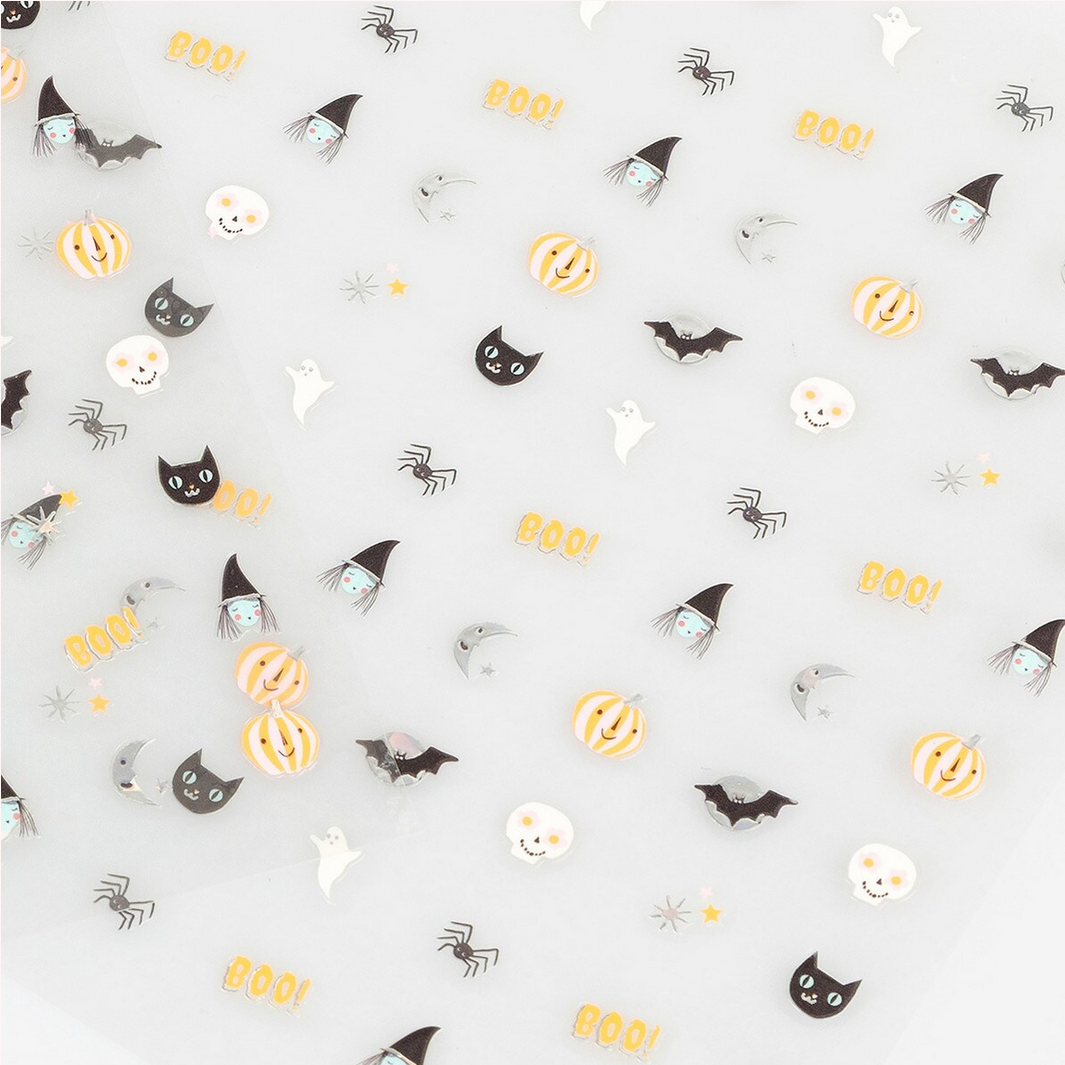 Halloween-themed decorative elements on a light gray background