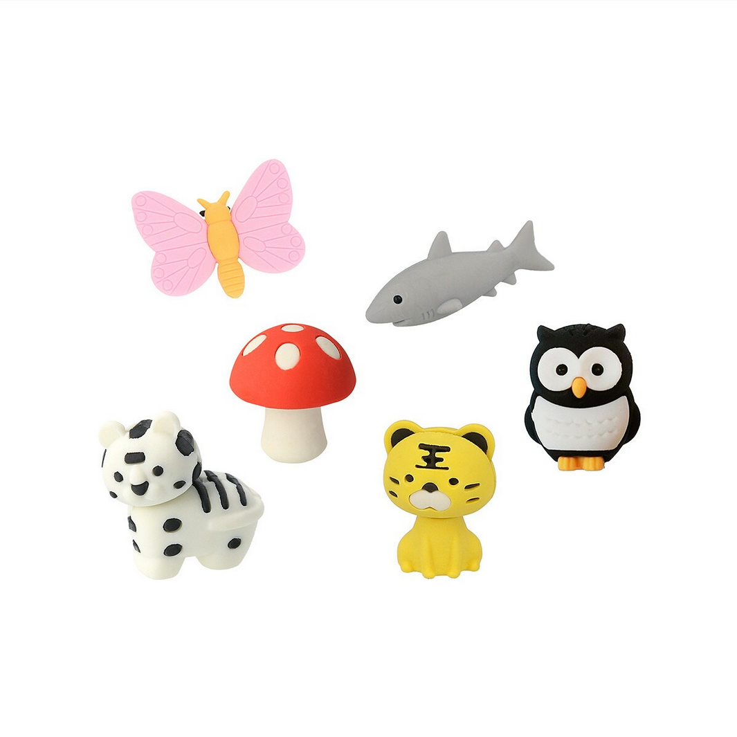 Set of colorful animal figurines including a butterfly, shark, mushroom, zebra, tiger, and penguin on a white background.