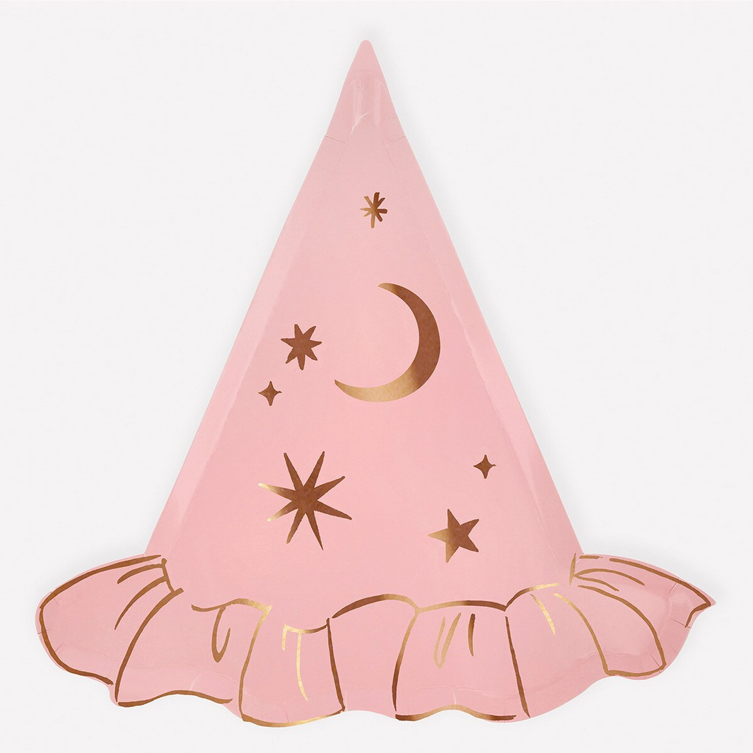 Pink party hat with gold stars and moon design on a white background