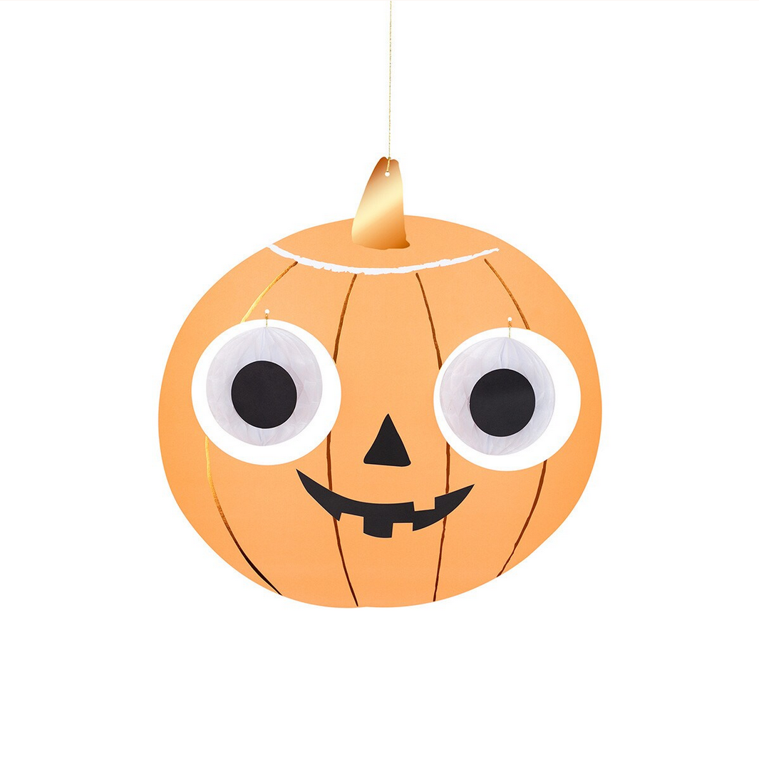 Halloween-themed pumpkin decoration with googly eyes and a smile on a white background