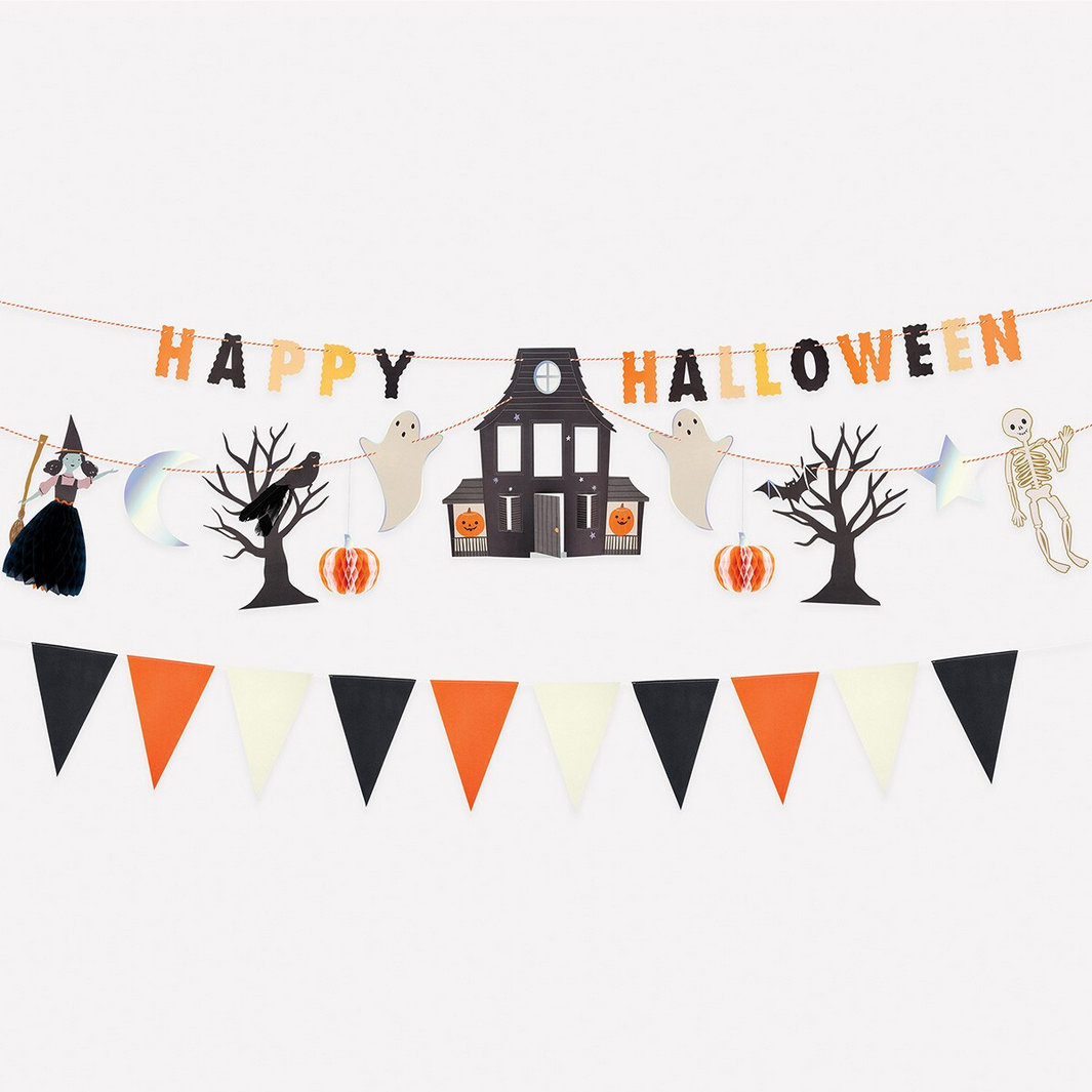 Halloween-themed banner with 'Happy Halloween' text and various decorations on a white background.