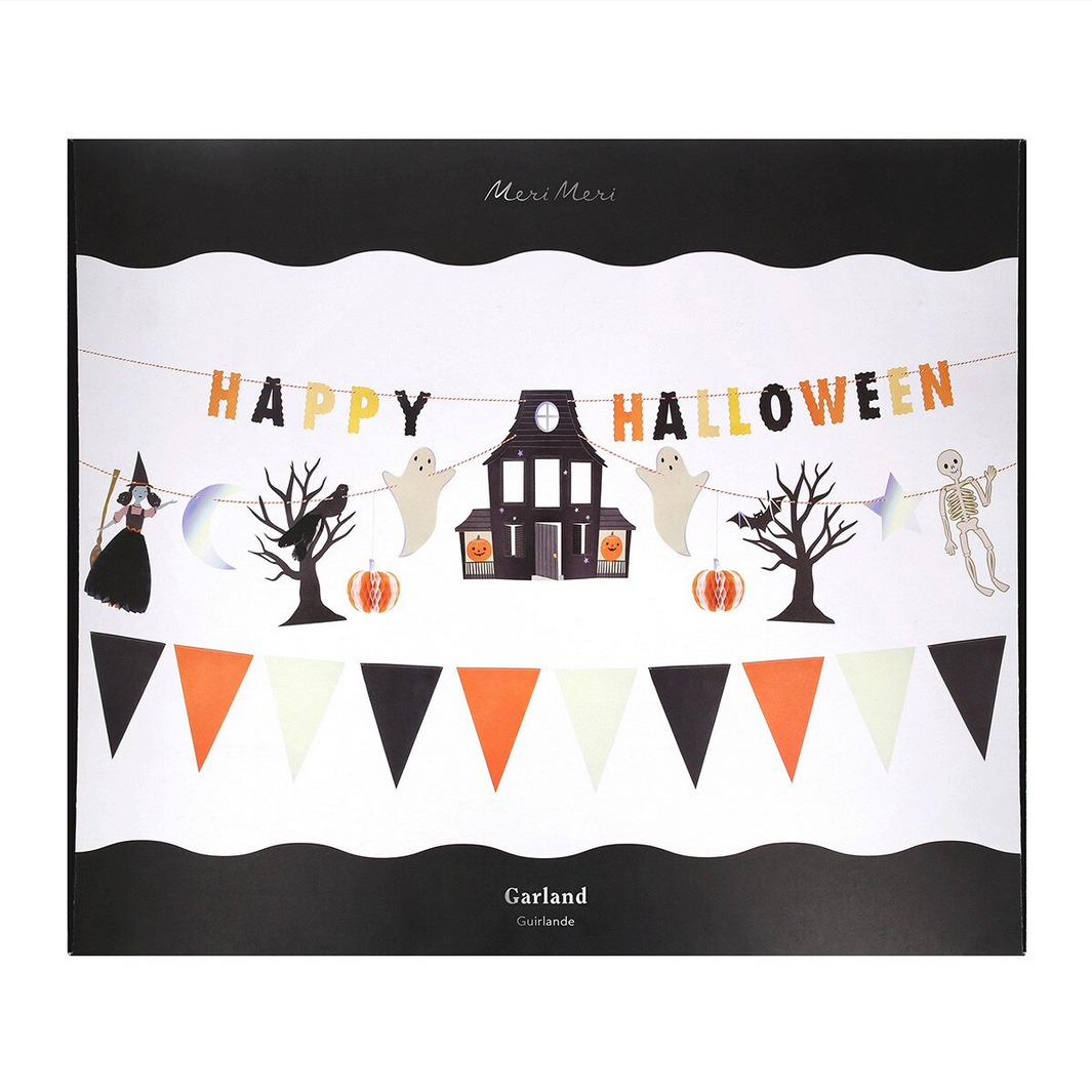 Halloween-themed garland with decorative elements on a white background
