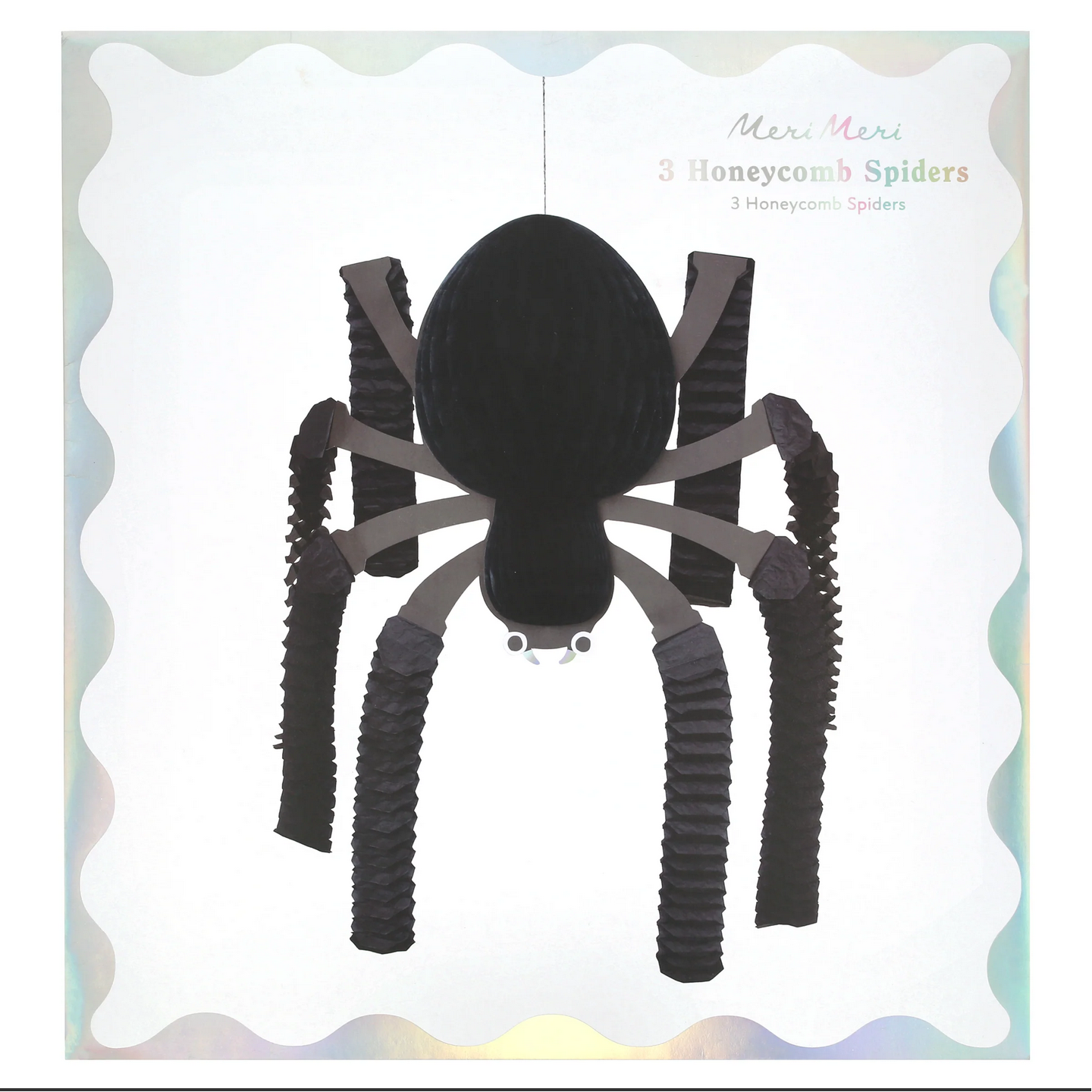 Black honeycomb spider toy on a white background with 'Meri Meri' branding.