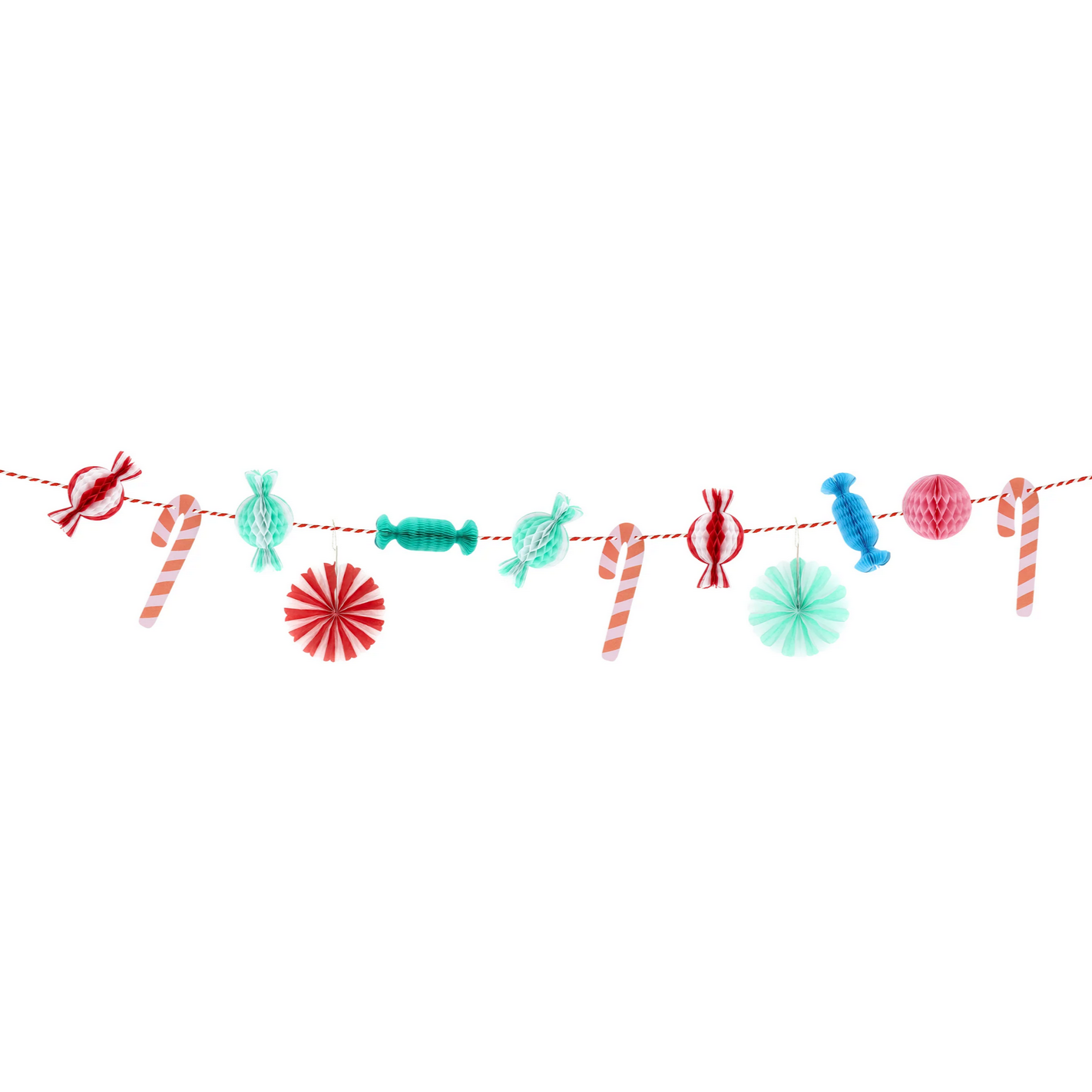 Decorative string with colorful Christmas-themed ornaments on a white background