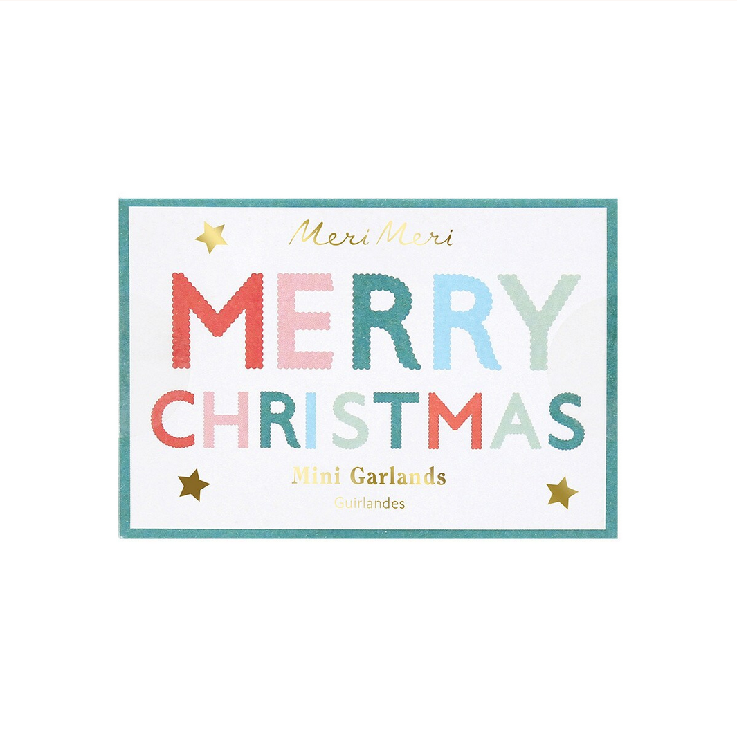 Colorful 'Merry Christmas' card with stars on a white background