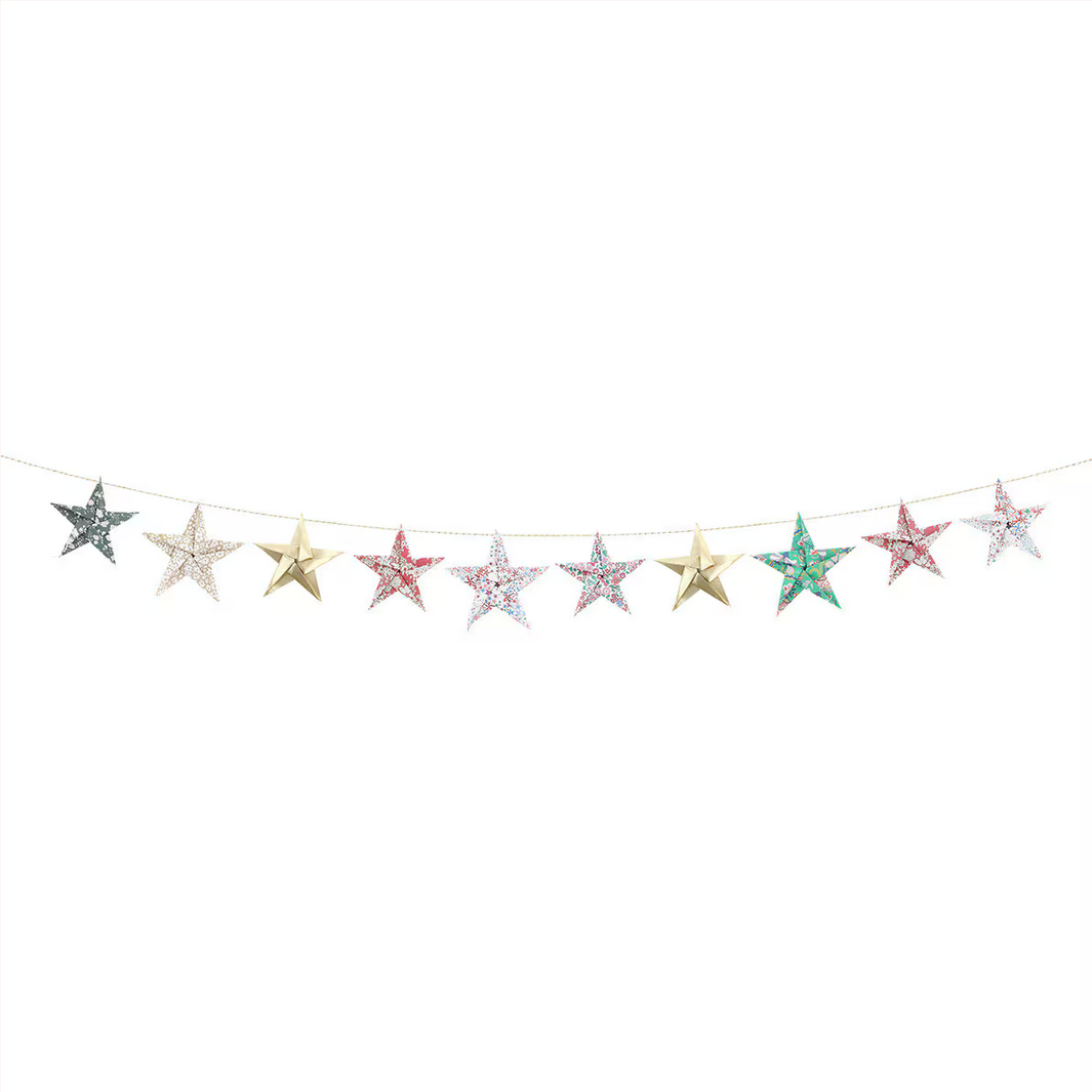 Star-shaped decorative banner with multicolored stars on a white background