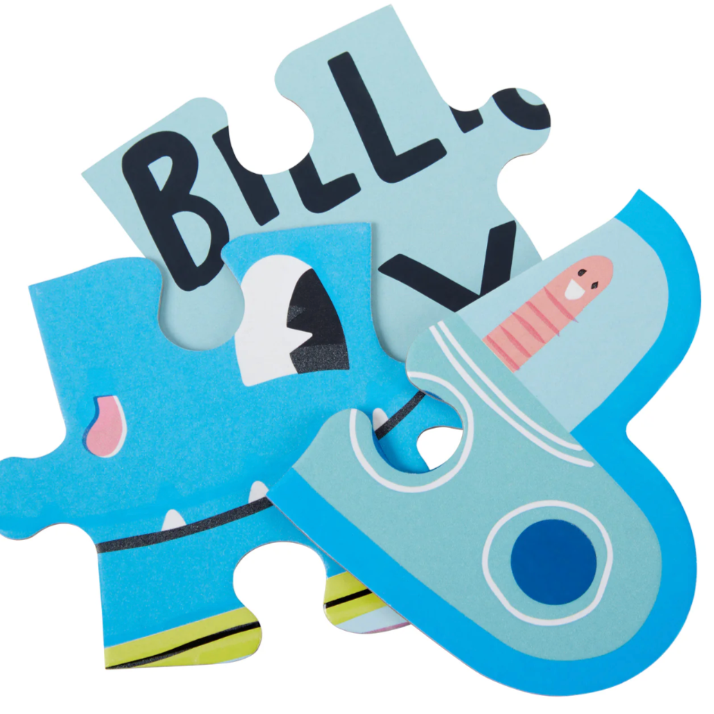 Children's puzzle with letters and animal shapes on a white background