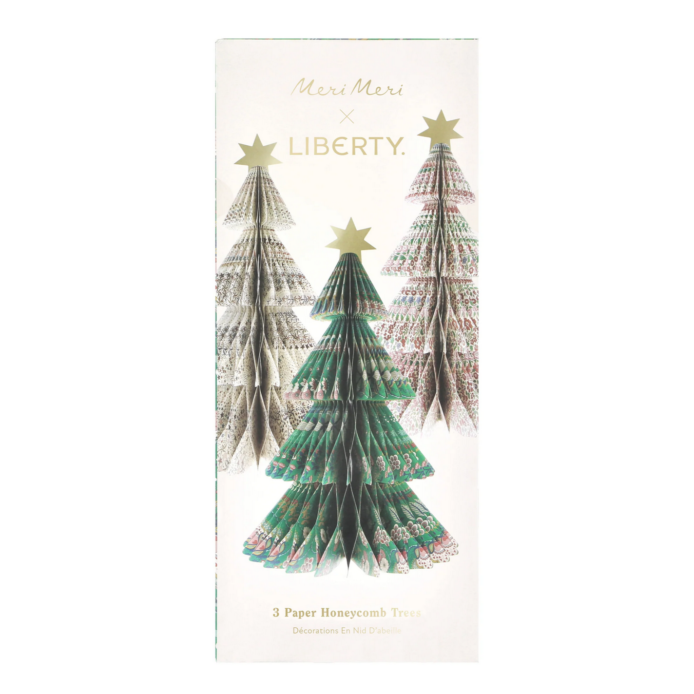 Packaging of paper honeycomb trees with Christmas tree design and 'Liberty' branding.